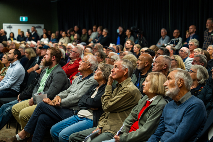 The packed hall at Eventfinda Stadium in Wairau Valley on Wednesday evening, where Auckland Council explained how it was working with the Takapuna Golf Course to find the best plan for flood mitigation in the area. Photo / Corey Fleming