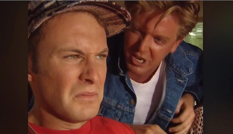 An upset Steve (Andrew Binns) and Chris (Michael Galvin) moments before the crash. Photo / YouTube