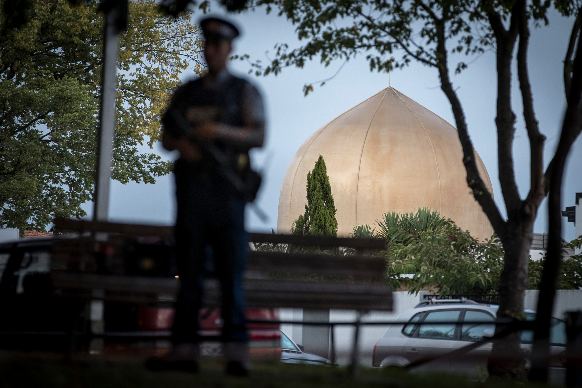 Armed police guard the Masjid Al Noor Mosque on Deans Avenue in Christchurch after the attack. Photo / Michael Craig