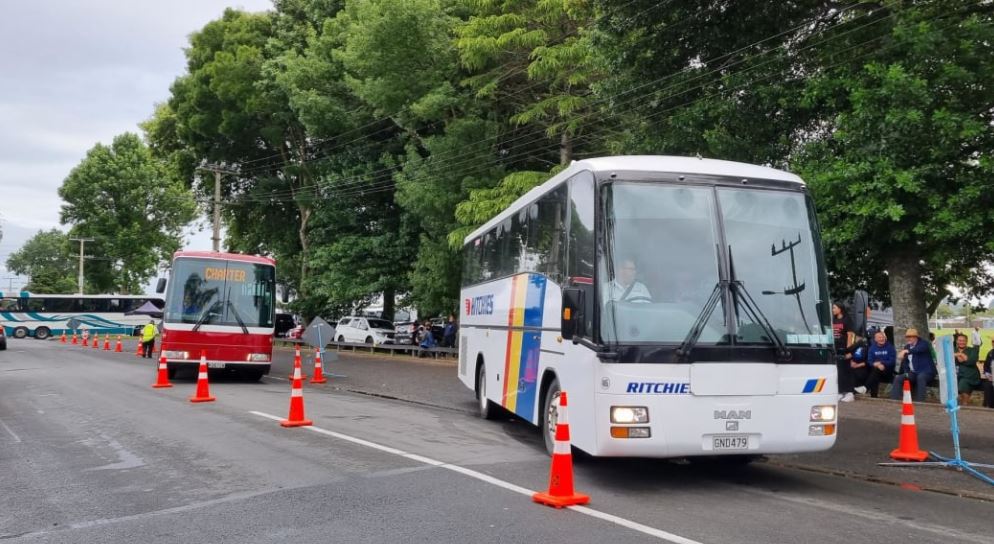 Buses bringing guests to the national hui at Turangawaewae Marae. Photo / RNZ