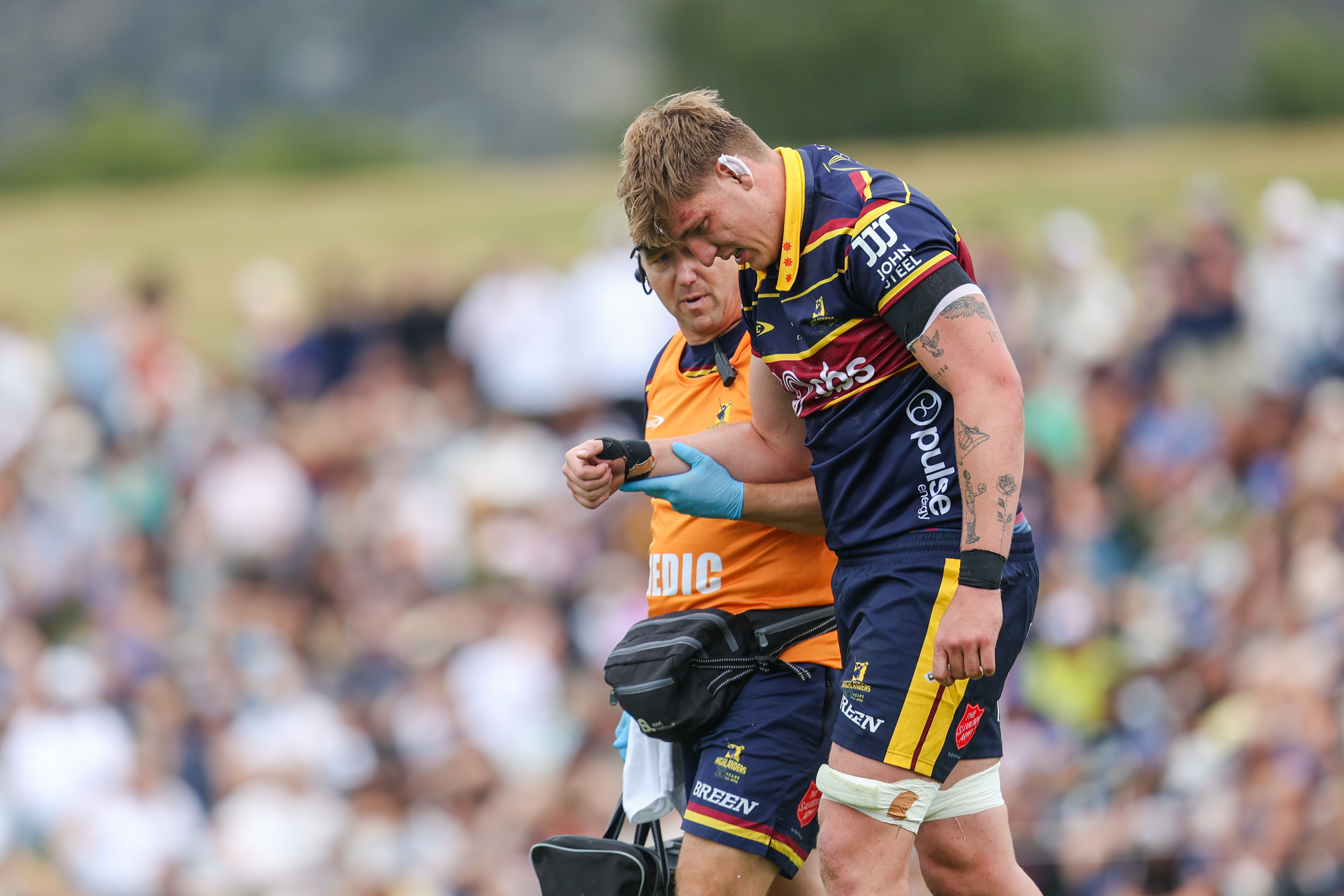 Highlanders lock Fabian Holland dislocated his shoulder in a pre-season clash in Queenstown. Photo / Smartframe