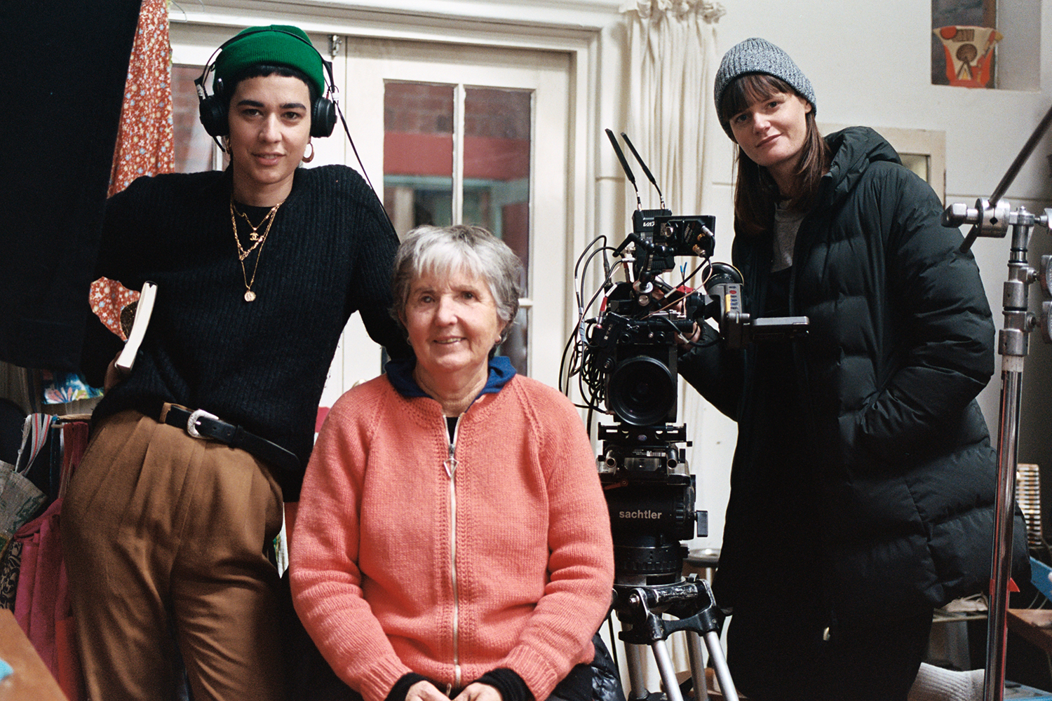 Lula Cucchiara, Fiona Clark and Alice Stephens behind the scenes during the filming of Fiona Clark: Unafraid. Photo / Supplied