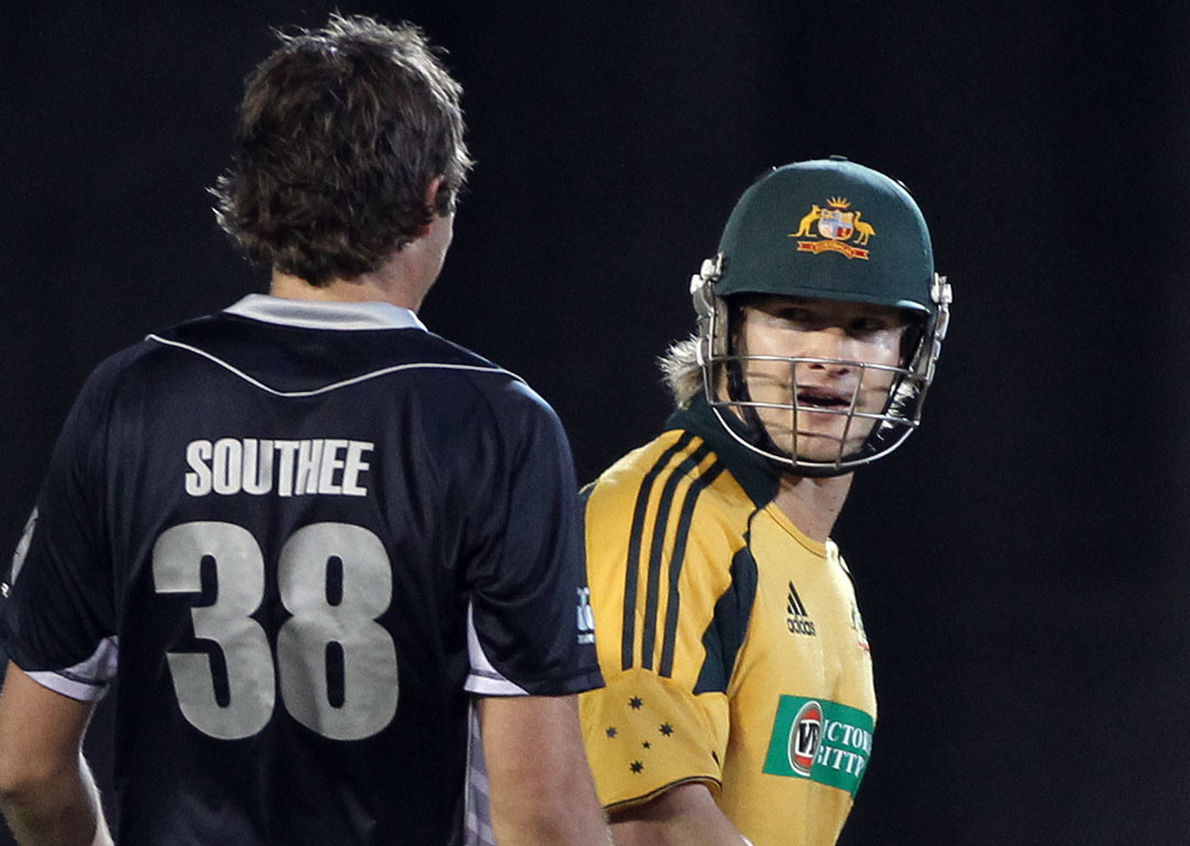 Tim Southee and Shane Watson exchange a few words during an ODI in 2010. Photosport