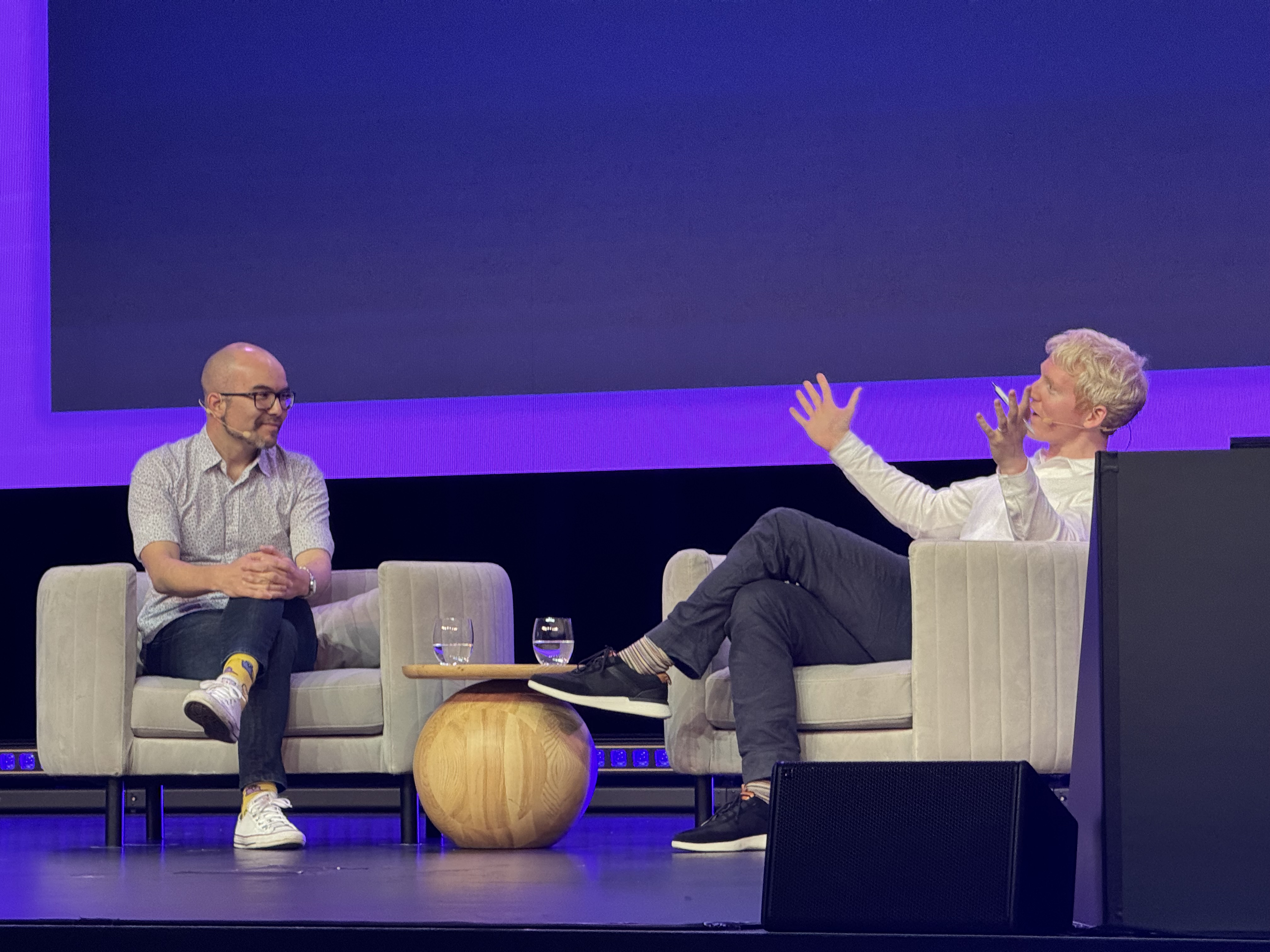 Canva CPO Cameron Adams (left) and Stripe cofounder and CEO Patrick Collison during the Stripe Tour Sydney in 2024. Photo / Chris Keall