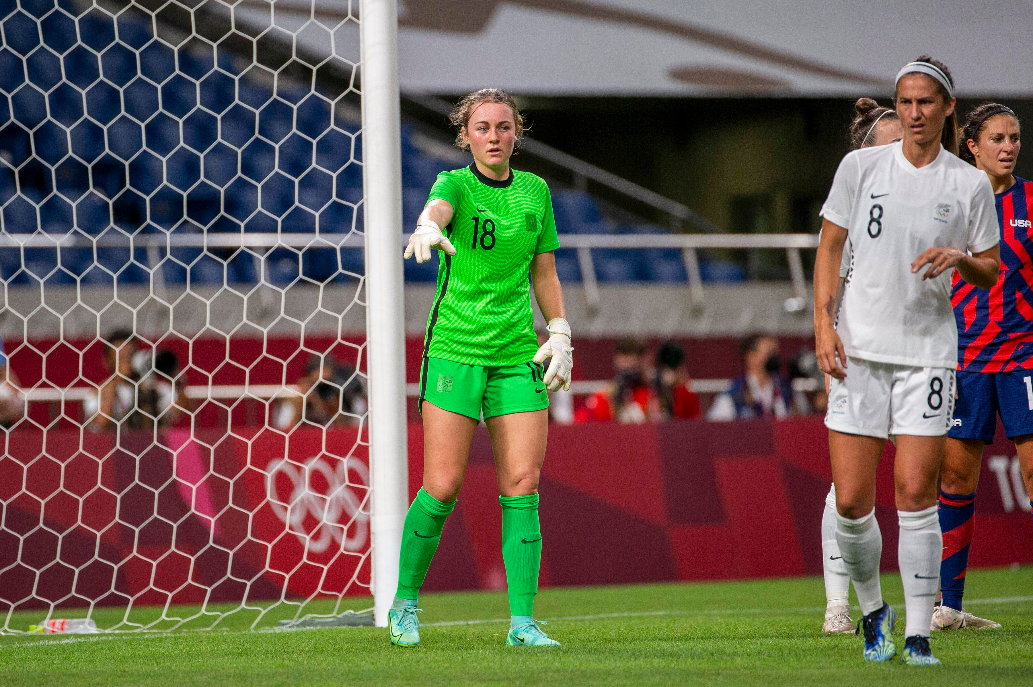 Football Fern's Anna Leat in goal against the United States at the Tokyo Olympics. Photo / Photosport
