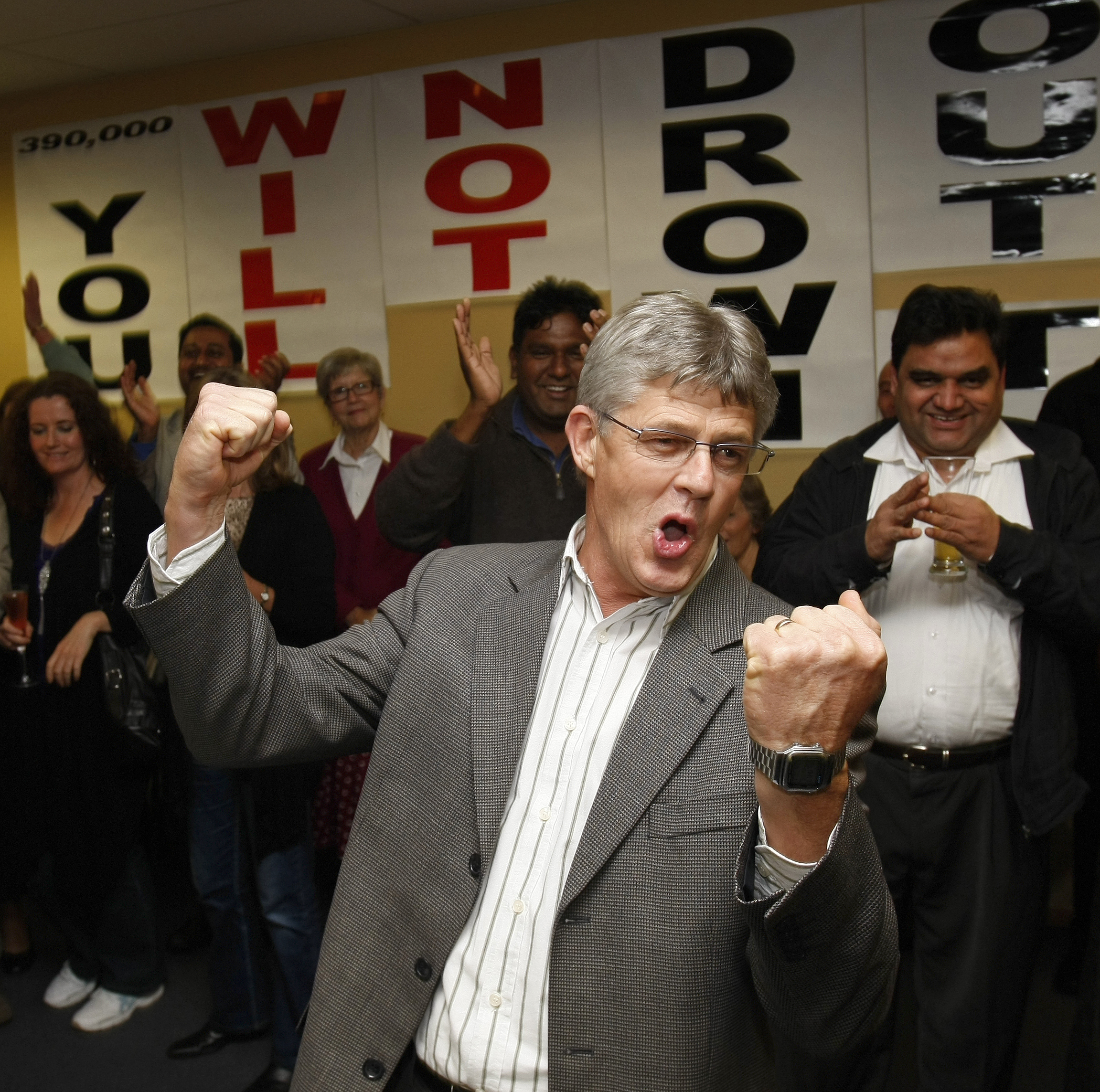 The No Vote petition organiser Larry Baldock celebrates a resounding victory as the provisional results of the anti-smacking referendum roll in. Photo / Kenny Rodger

