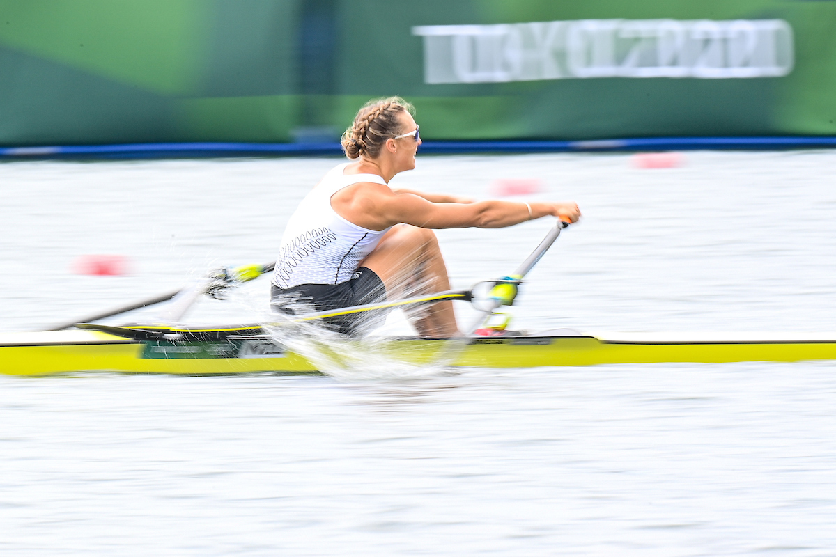 Emma Twigg on her way to gold in the women's single sculls final at the Tokyo Olympics. Photosport