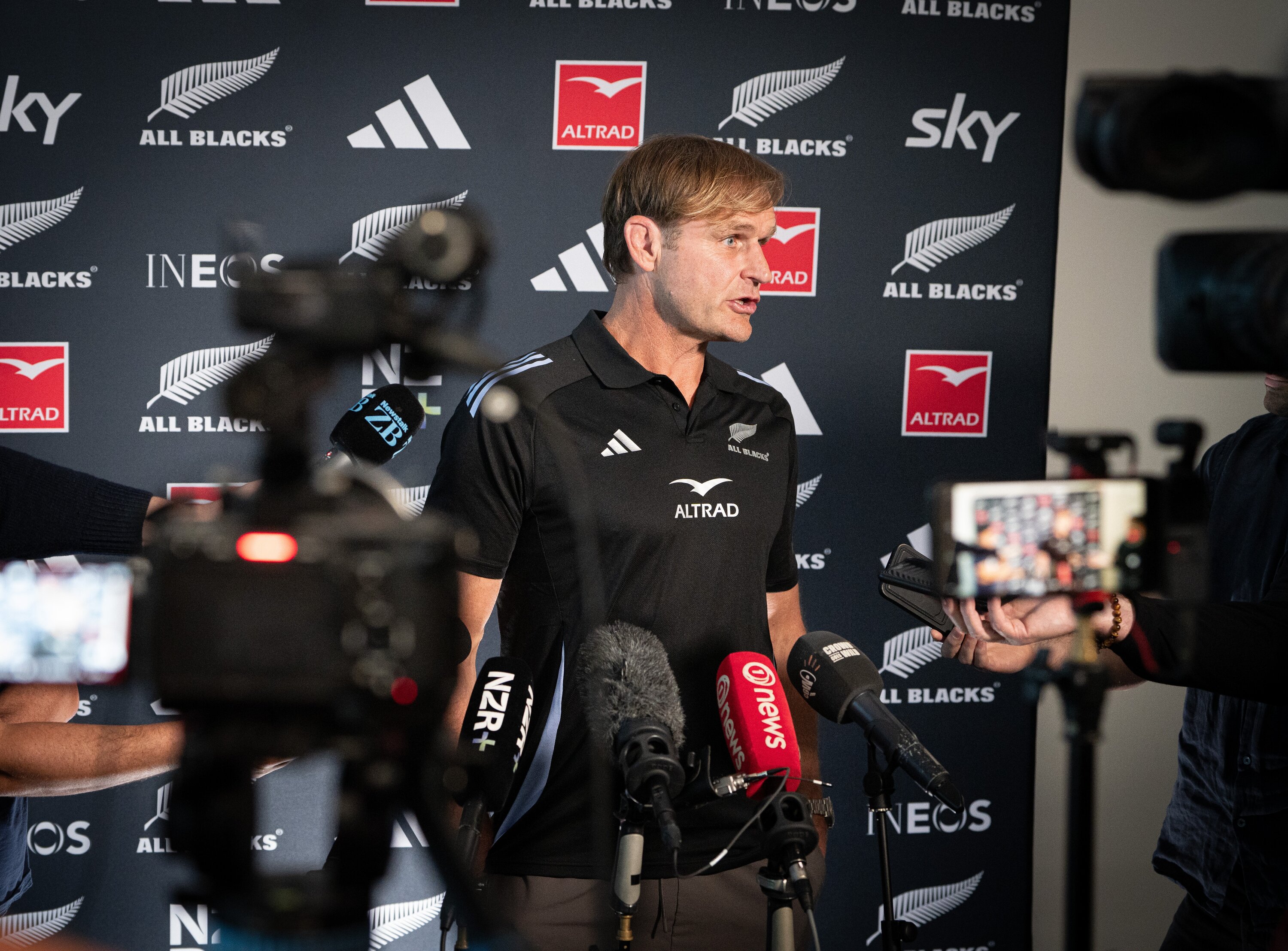  Scott Robertson speaks to media in Auckland ahead of the All Blacks' Northern Tour. Photo / Alyse Wright