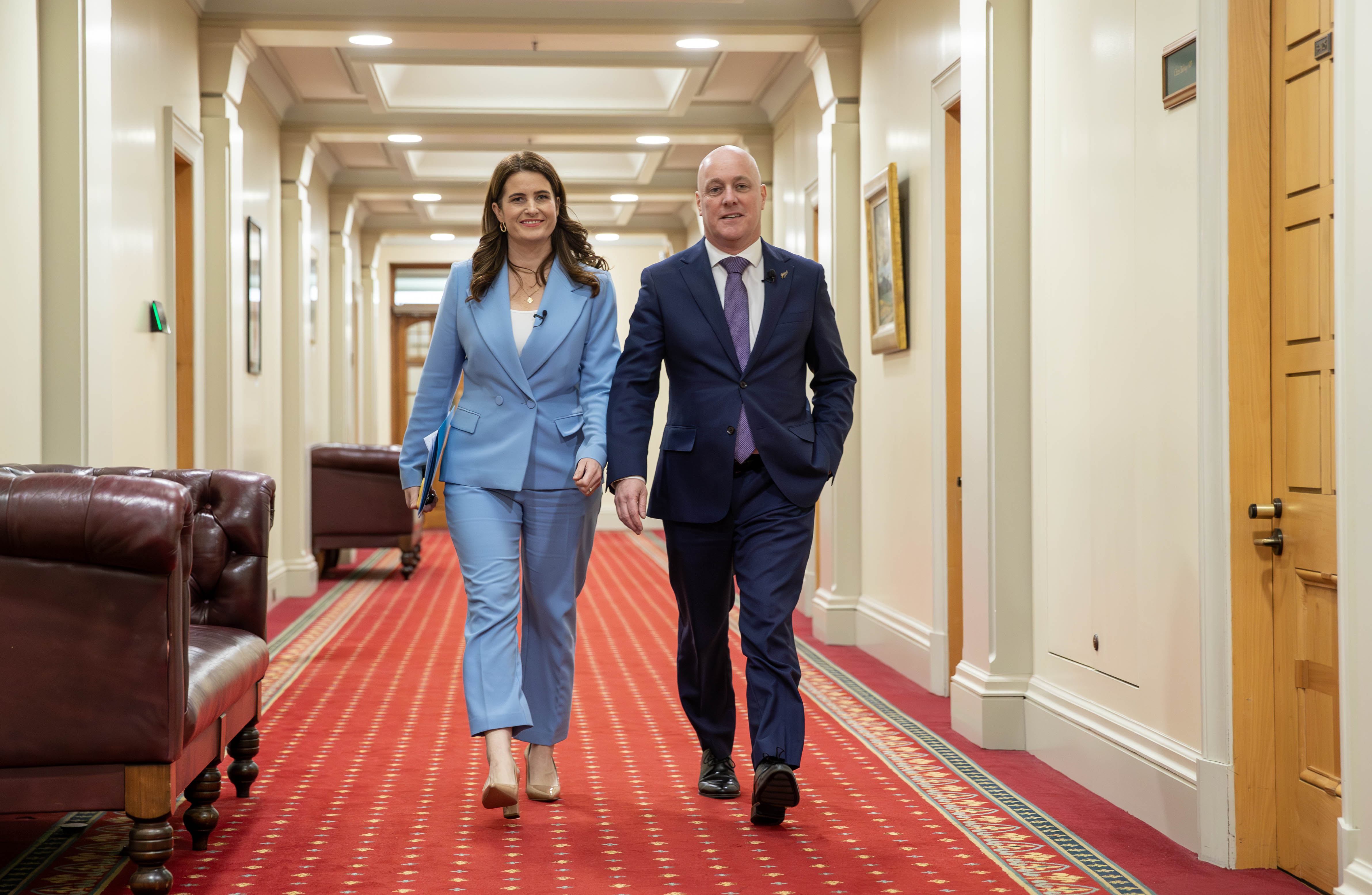National leader Christopher Luxon and finance spokeswoman Nicola Willis arriving to announce their tax plan. Photo / Mark Mitchell