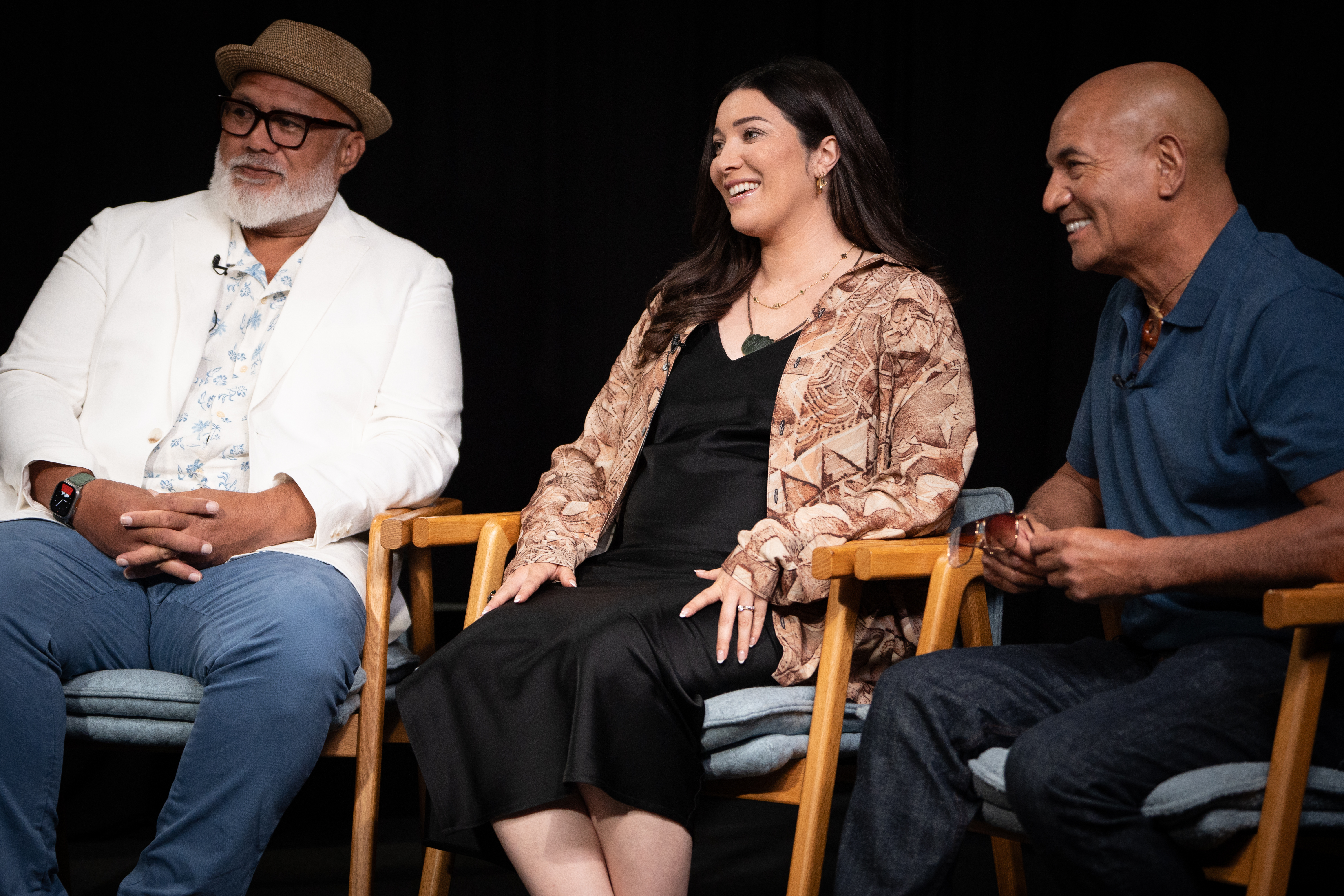 Dave Fane (left), Awhimai Fraser and Temuera Morrison discuss working on the Disney animated sequel Moana 2. Photo / Carson Bluck