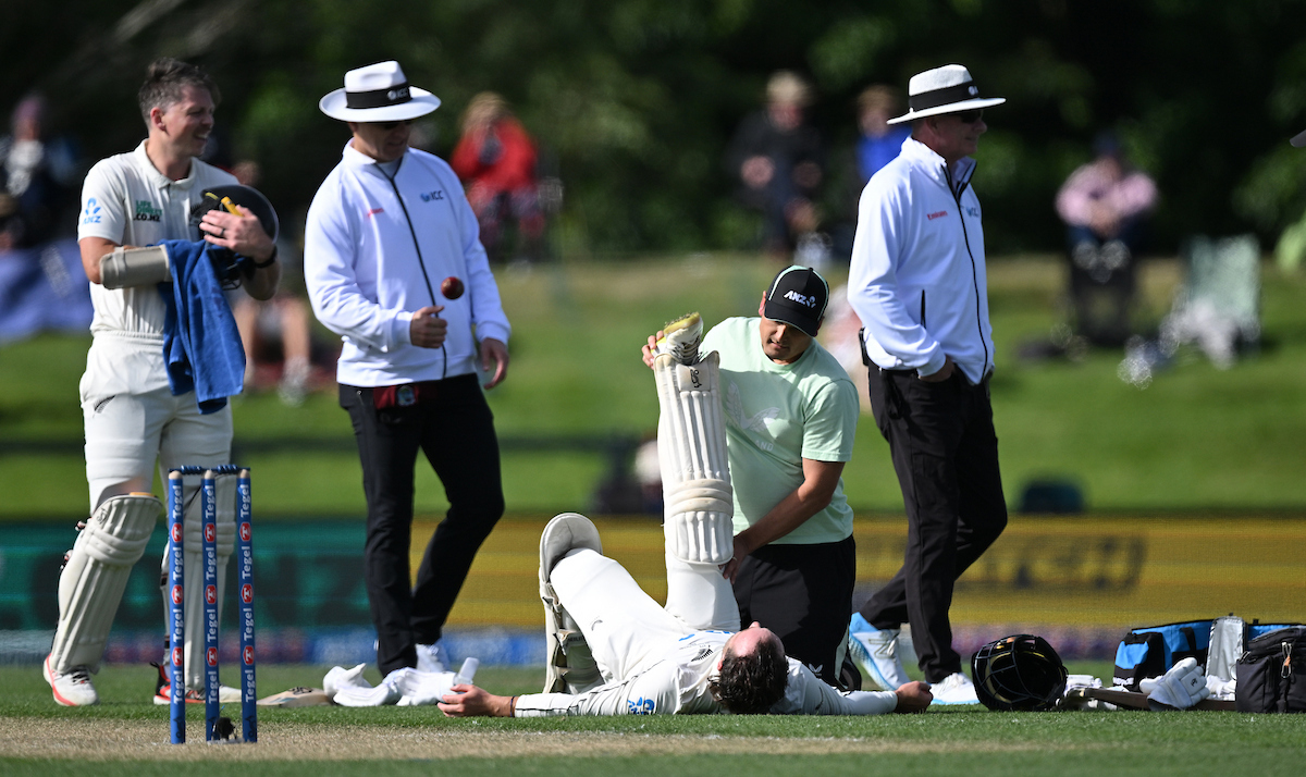 Tom Blundell is treated for a hamstring injury against the West Indies in Christchurch. Photo / Photosport