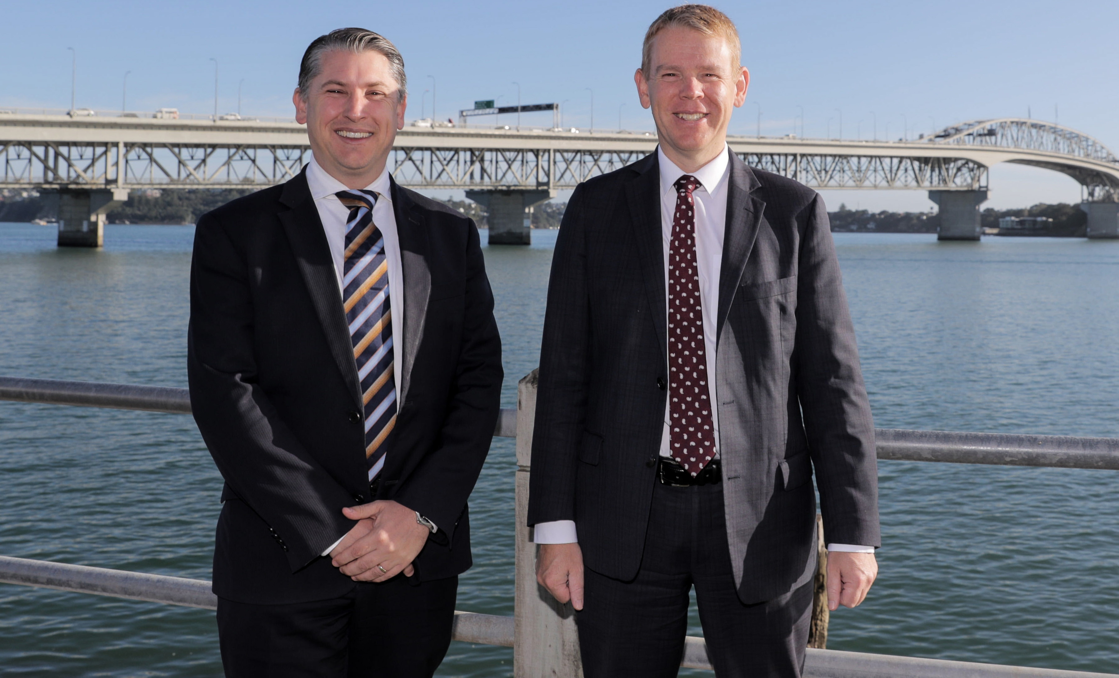 In happier times: Michael Wood and Prime Minister Chris Hipkins in front of the Auckland Harbour Bridge in March 2023. Photo / Michael Craig