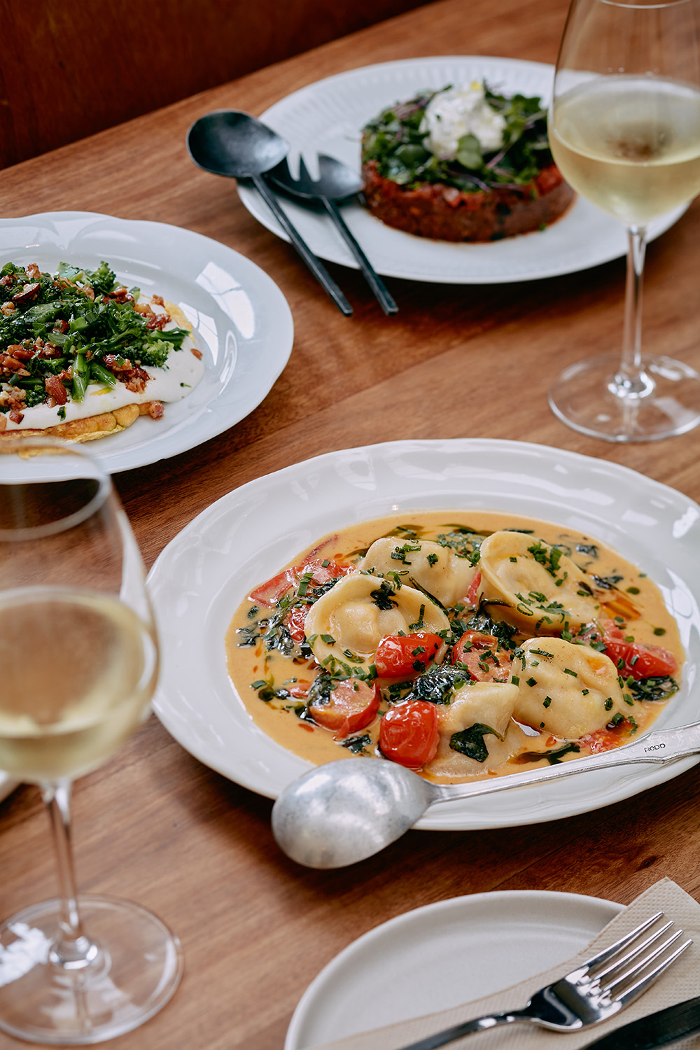 The crayfish tortellini with yoghurt curd, saffron, spinach and habanero oil on the menu at The Butcher Baker in Helensville. Photo / Babiche Martens