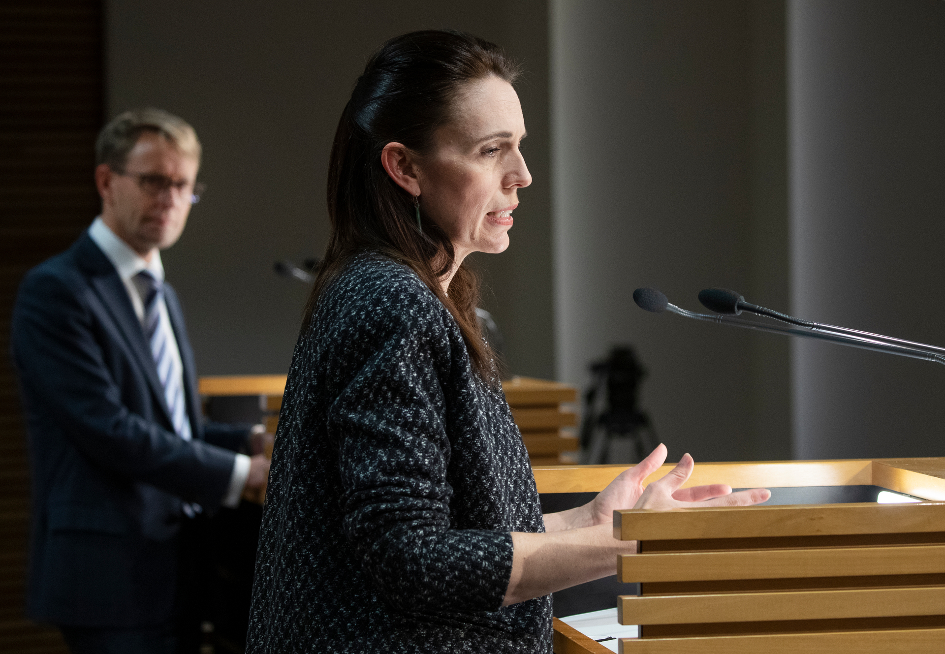 Prime Minister Jacinda Ardern speaks to media alongside former director general of health Dr Ashley Bloomfield. Photo / Mark Mitchell