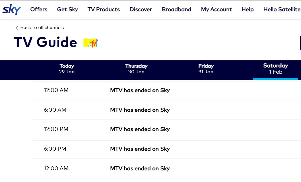 The MTV channel comes off Sky from tomorrow (Saturday).