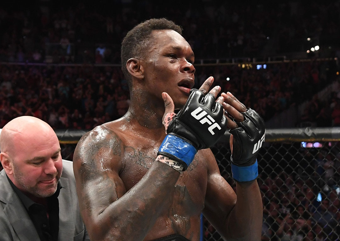 Israel Adesanya reacts after defeating Kelvin Gastelum by unanimous decision in their interim middleweight championship bout. Photo / Getty
