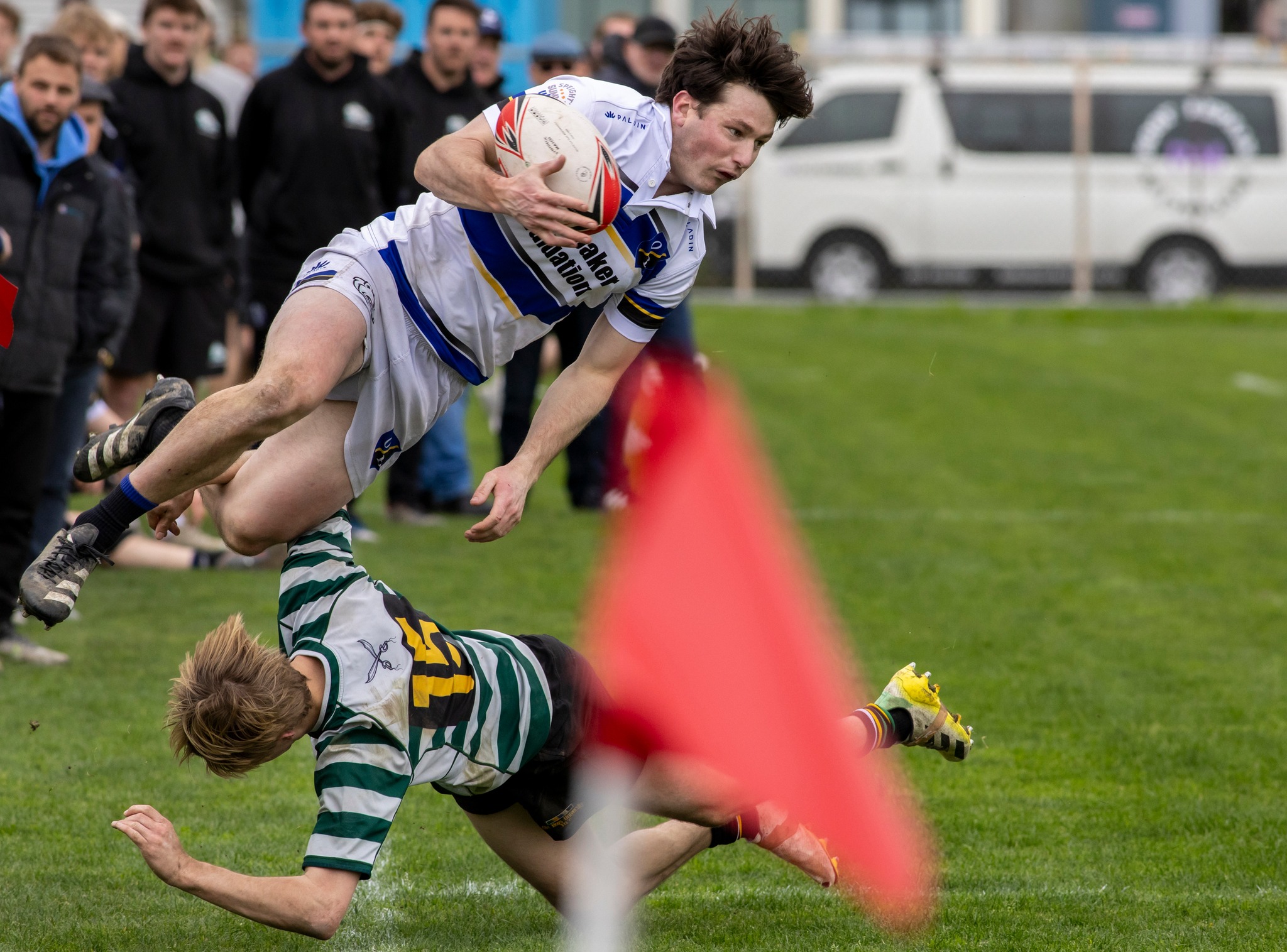 Heavy contact in the U85kg clash between HSOB and Old Boys University. Photo / Tane Nathan - Club Rugby