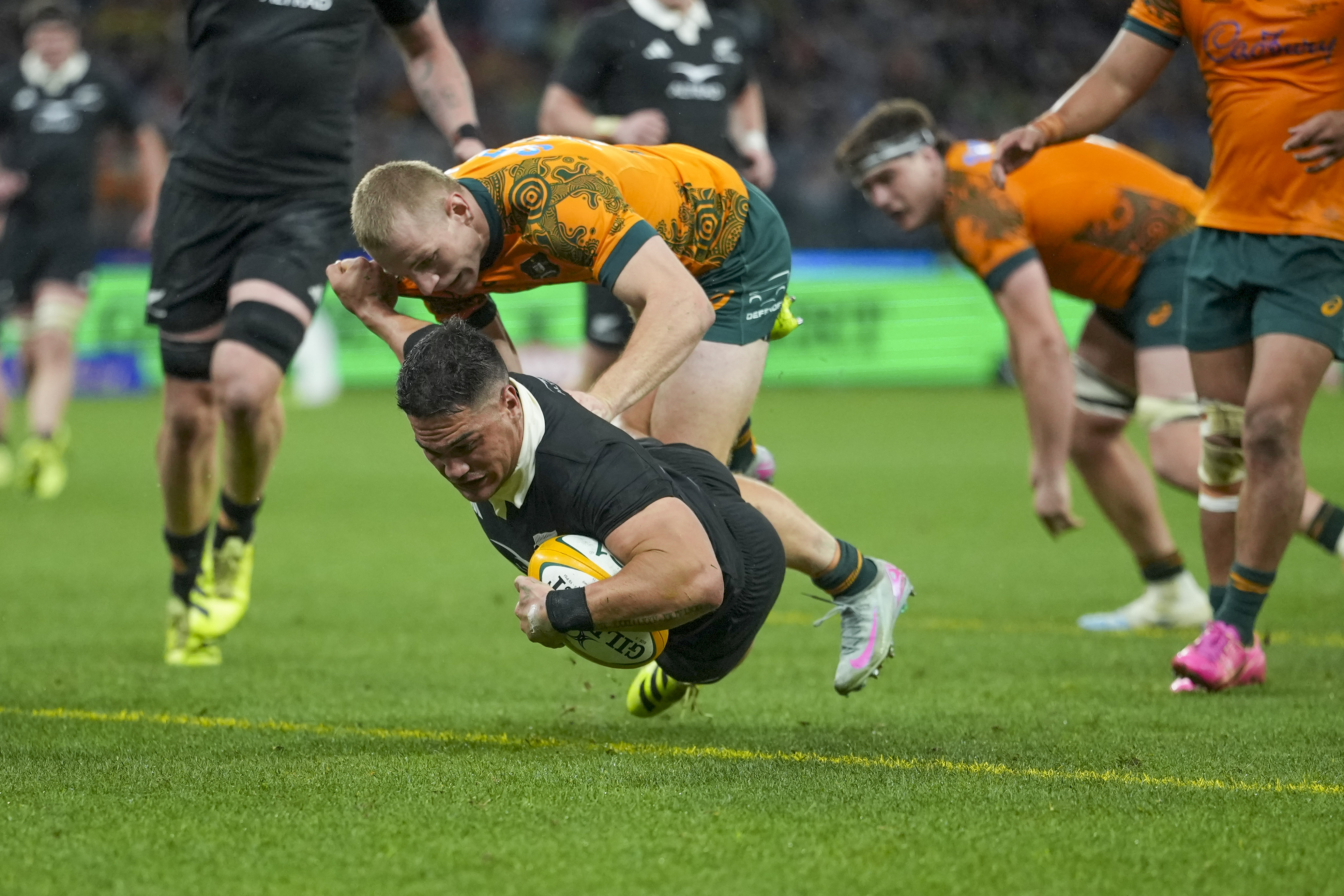 All Blacks centre Quinn Tupaea scores during the Rugby Championship and Bledisloe Cup clash at Perth's Optus Stadium. Photo / SmartFrame