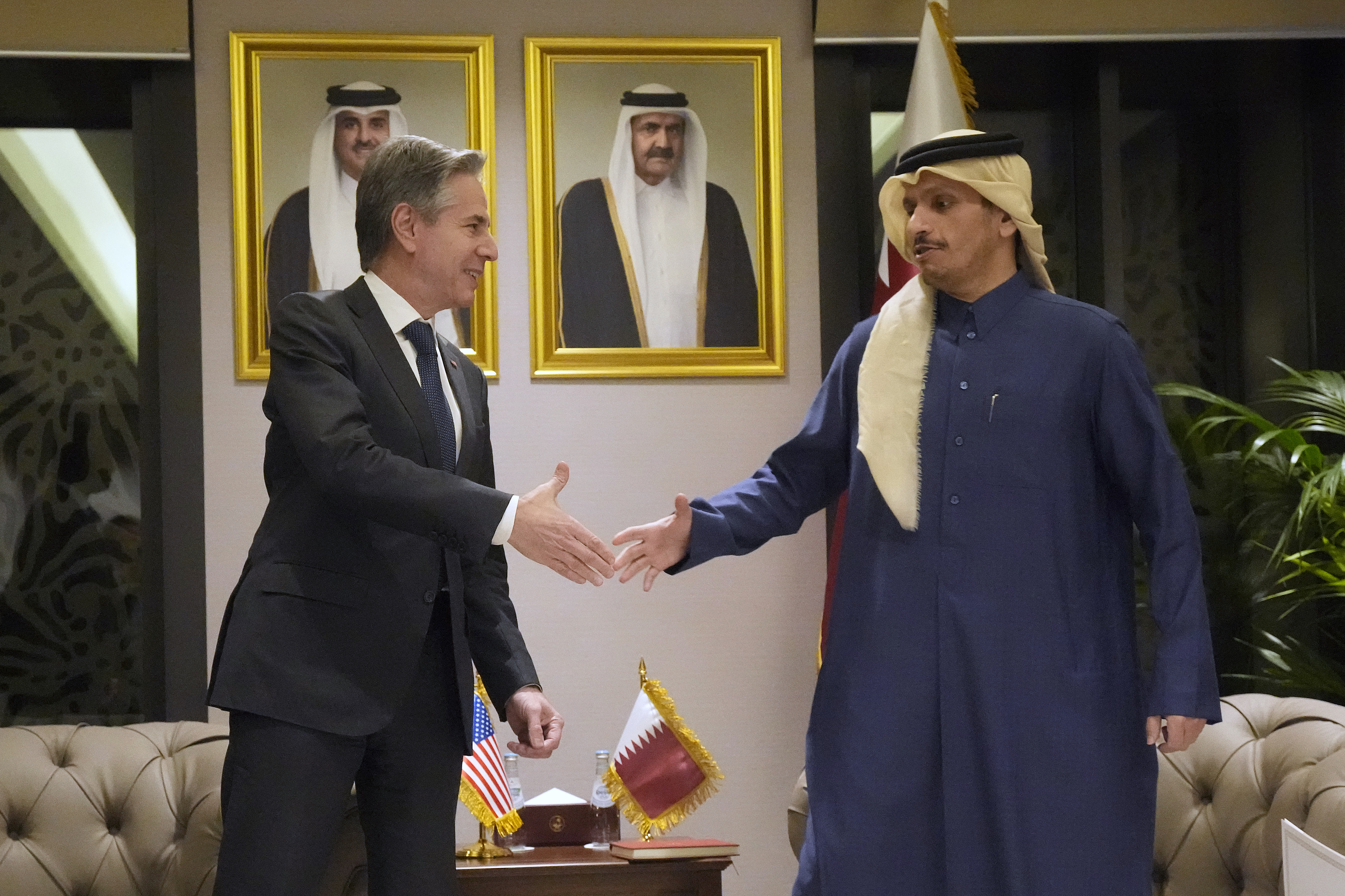 US Secretary of State Antony Blinken (left) meets Qatar Prime Minister Mohammed Bin Abdulrahman Al Thani in Doha on Tuesday. Photo / AP