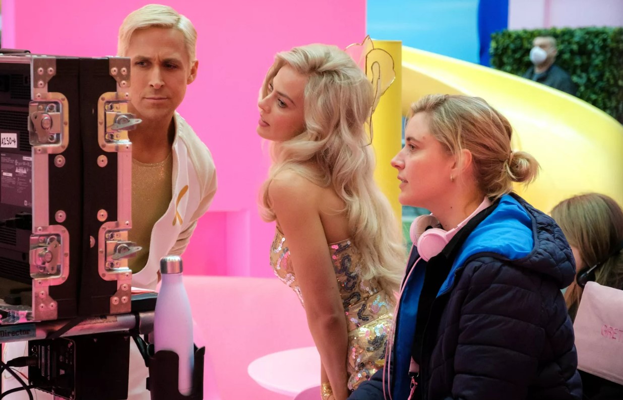 Ryan Gosling, Margot Robbie and Greta Gerwig on the set of Barbie. Photo / Warner Bros.