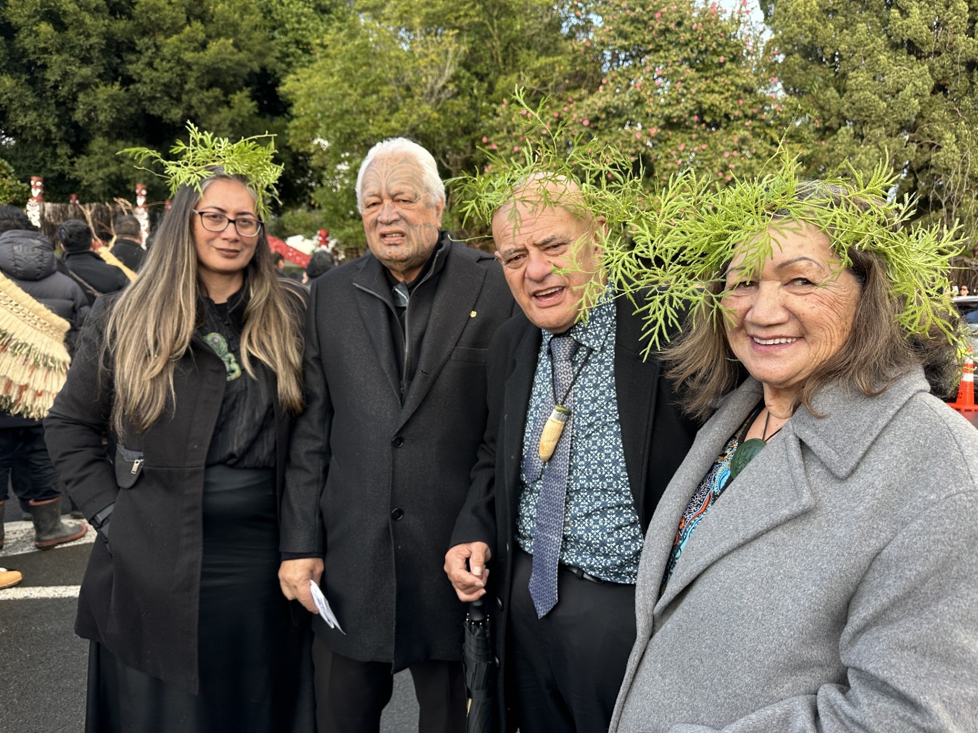 Green MP Hūhana Lyndon (from left), Joe Harawira of the Governor-General's office and Waihoroi and Rahera Shortland outside Tūrangawaewae Marae.