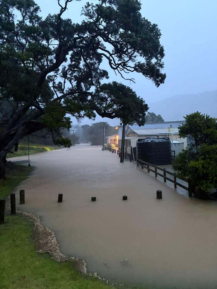 Helena Bay swamped by floodwaters overnight. Photo / Liv Patu