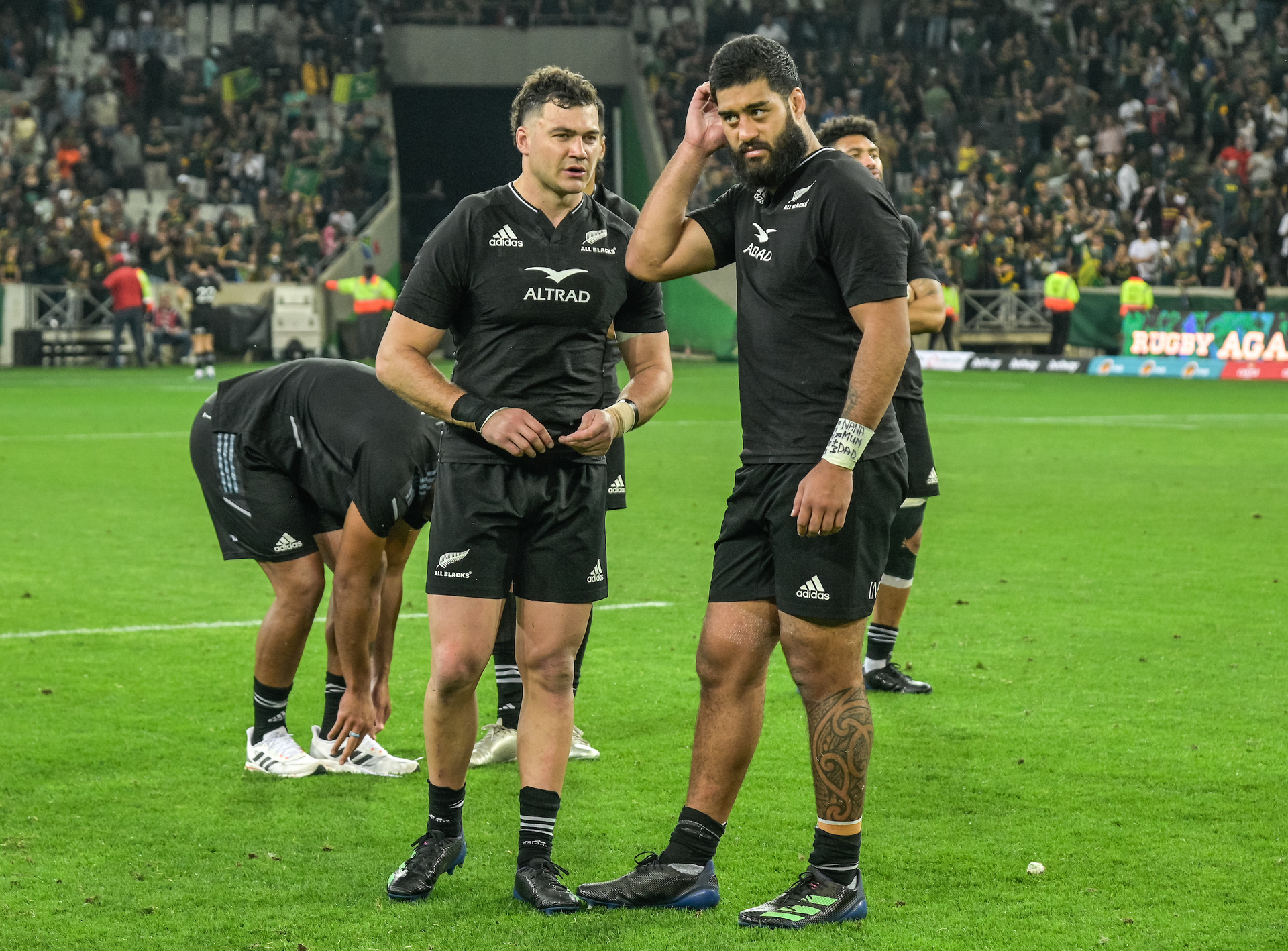 Dejected All Blacks David Havili and Akira Ioane after losing the match during the New Zealand All Blacks v South Africa Springboks rugby union match. Photo / Photosport.co.nz