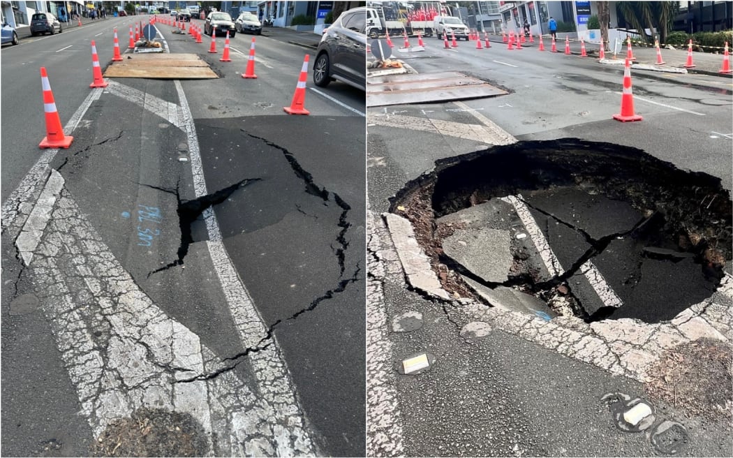 The sinkhole at 3pm on Monday compared to just after 12pm Tuesday. Photo / RNZ