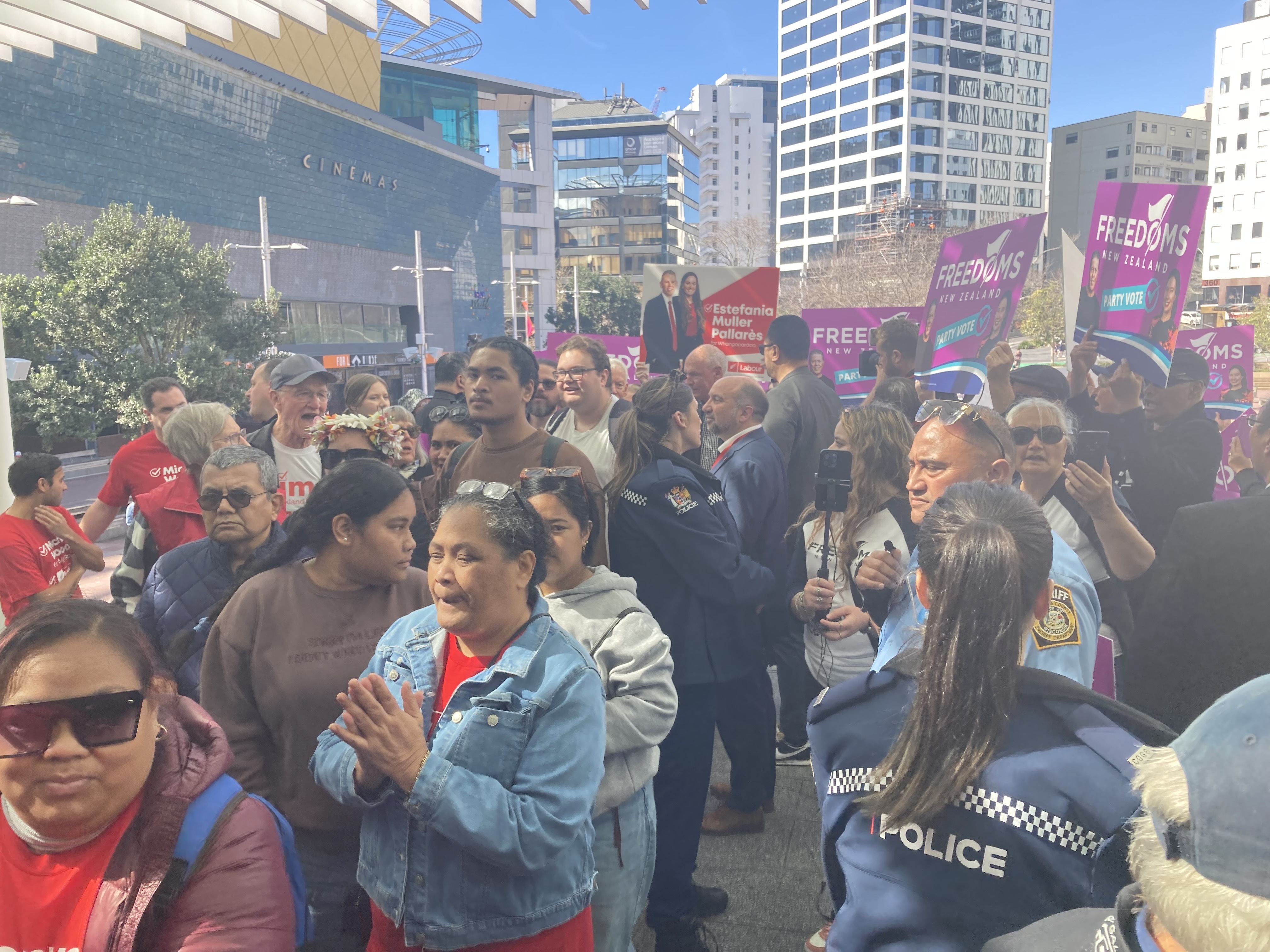 Freedoms NZ protesters outside Aotea Centre in Auckland. Dozens of protesters have disrupted the launch of the Labour Party's election campaign. Photo / Claire Trevett