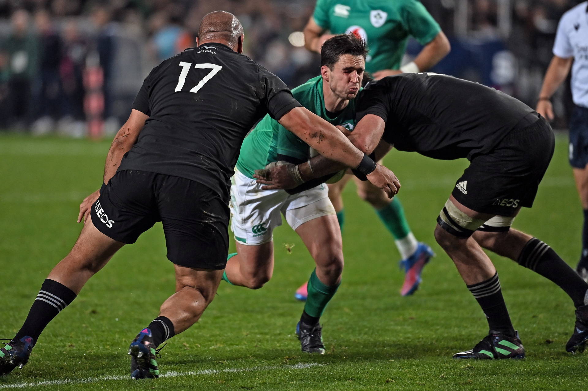 Ireland and Joey Carbery felt the impact of a number of solid hits. Photo / photosport.nz