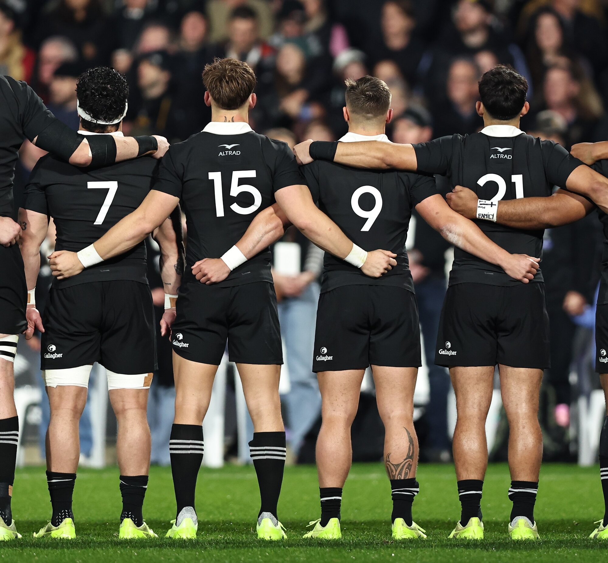 All Blacks players line up for the anthems in Hamilton. Photo / SmartFrame