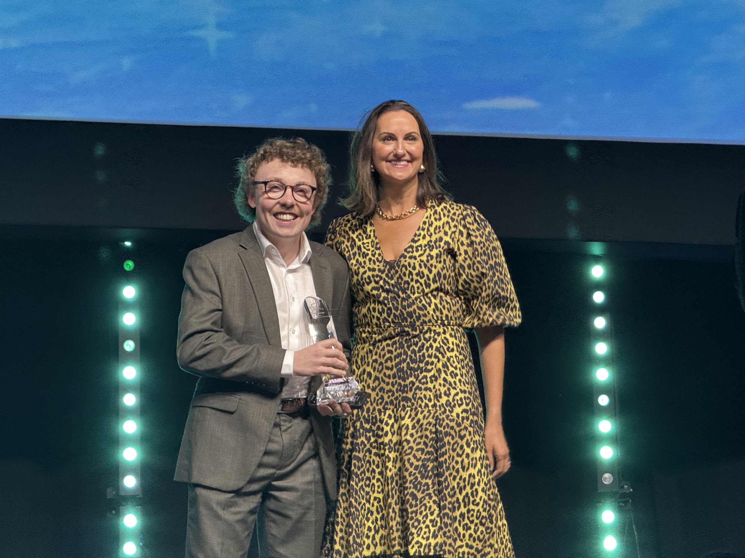 VXT CEO and cofounder Luke Campbell receives the Xero Hi-Tech Young Achiever Award from Xero country manager Bridget Snelling. Photo / Chris Keall