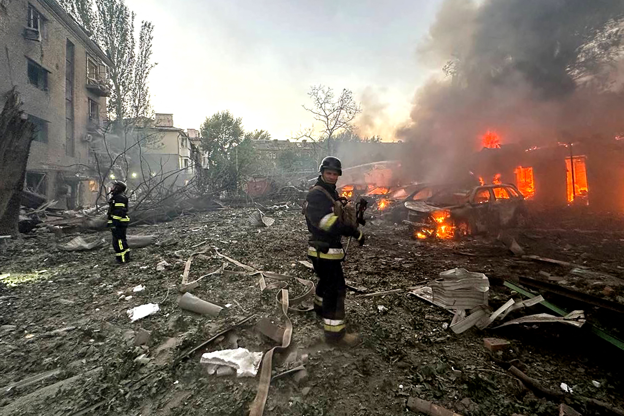 The site of a missile attack in Zaporizhzhia, Ukraine, in late September. Problems stemming from wars, trade disputes, cyber attacks, and other geopolitical tensions are high on financial institutions’ lists of risks. Photo / Handout, Ukrainian Emergency Service, AFP