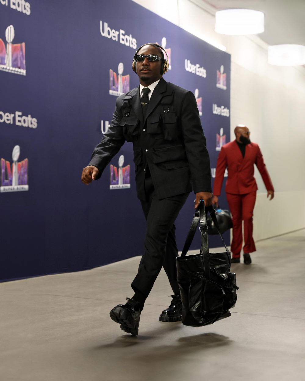 San Francisco 49ers player Deebo Samuel strides through the tunnel wearing a full Prada look. Photo / Getty Images