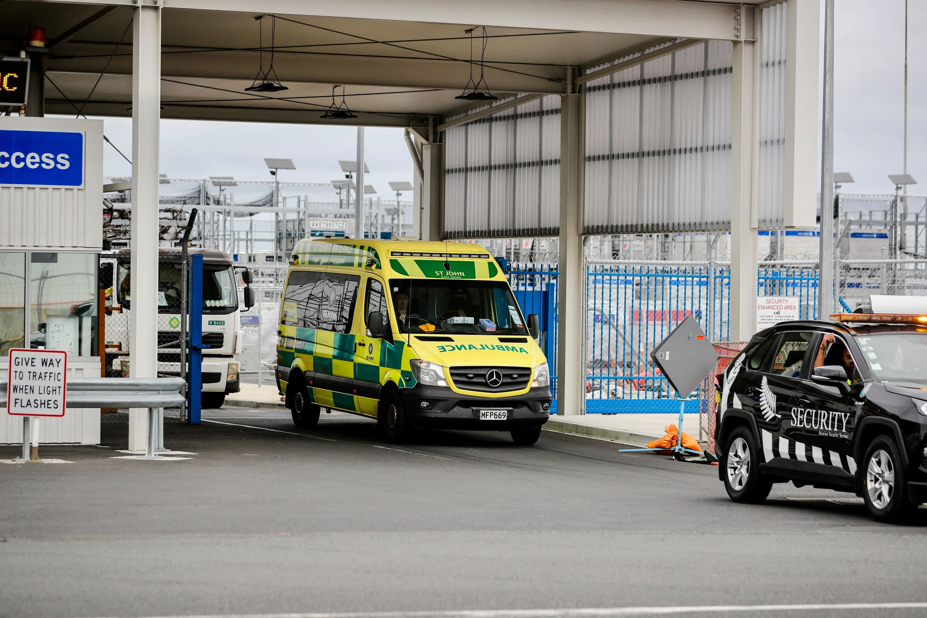 An ambulance leaving Auckland International Airport after passengers were injured during a Latam flight from Sydney to Auckland yesterday afternoon. Photo / Dean Purcell