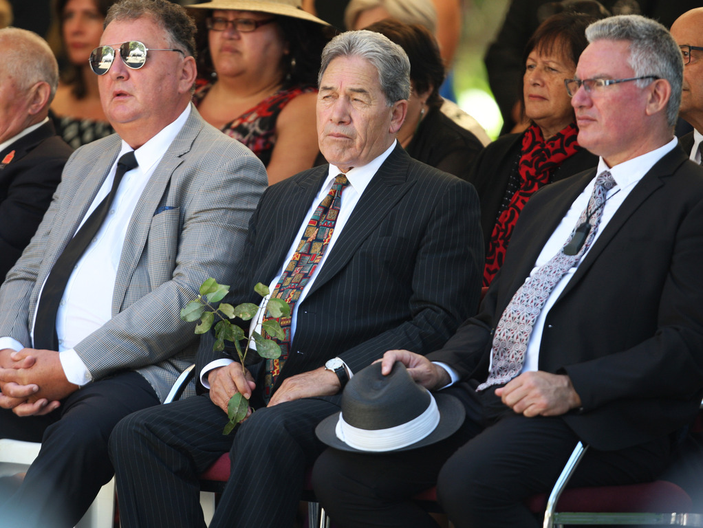 Kelvin Davis (right) alongside NZ First's Winston Peters (centre) and Shane Jones at Waitangi. Photo / John Stone