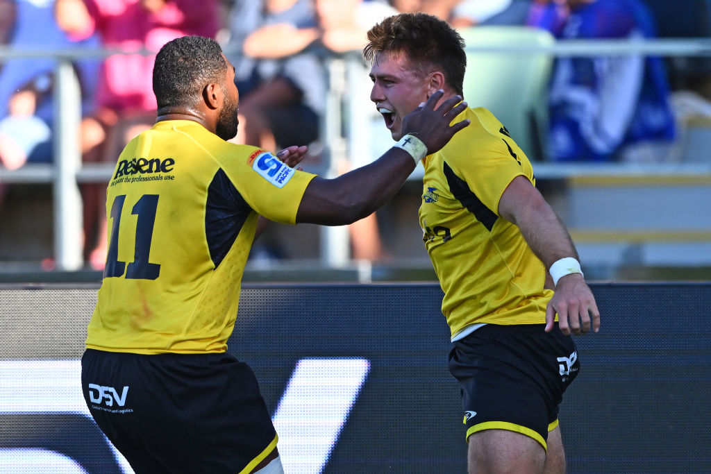 Kini Naholo and Harry Godfrey of the Hurricanes celebrate against the Fijian Drua. Photo / Getty Images
