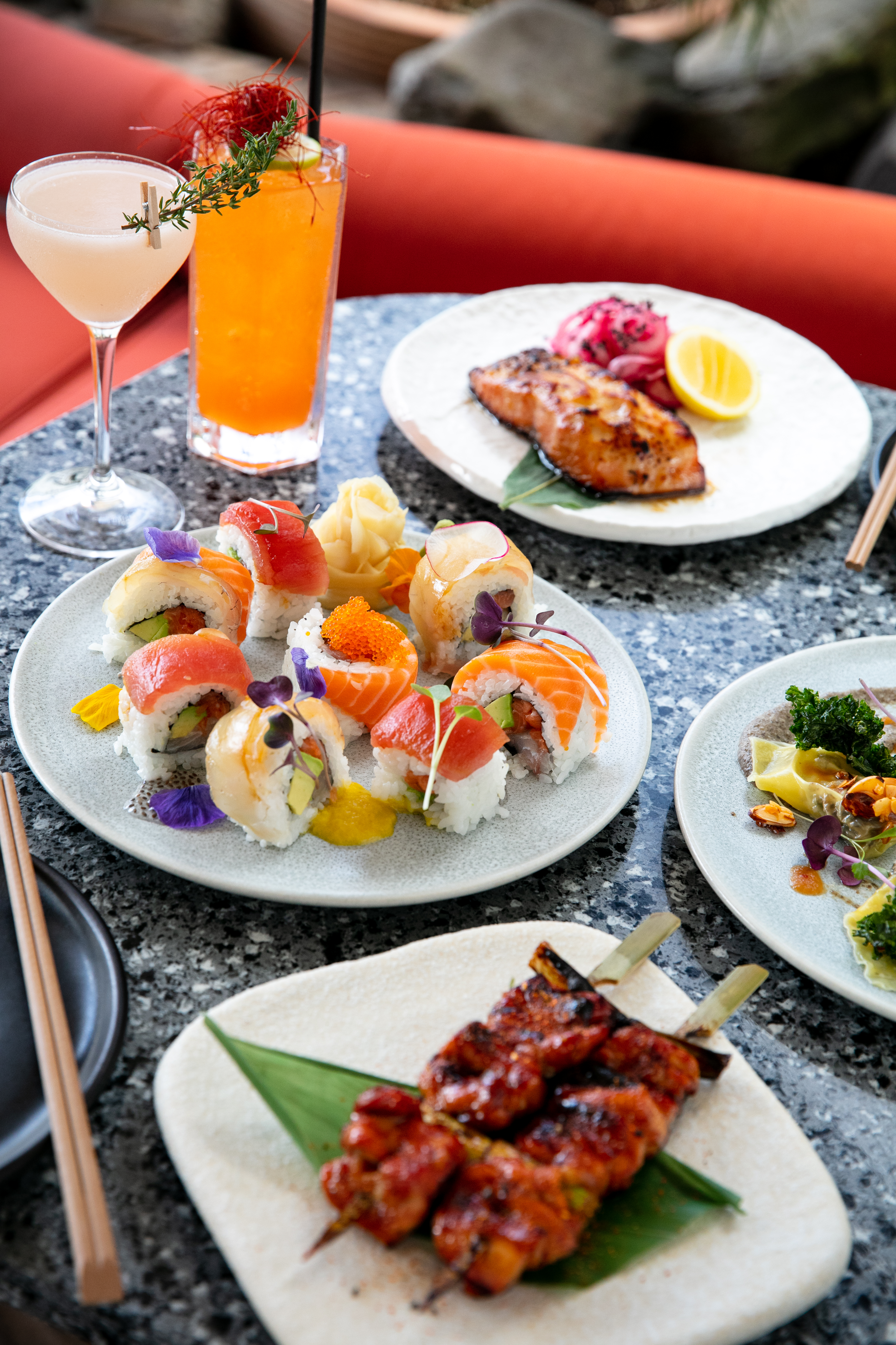 Rainbow sushi, chicken and salmon yakitori and artichoke dumplings at Azabu Mission Bay. Photo / Babiche Martens