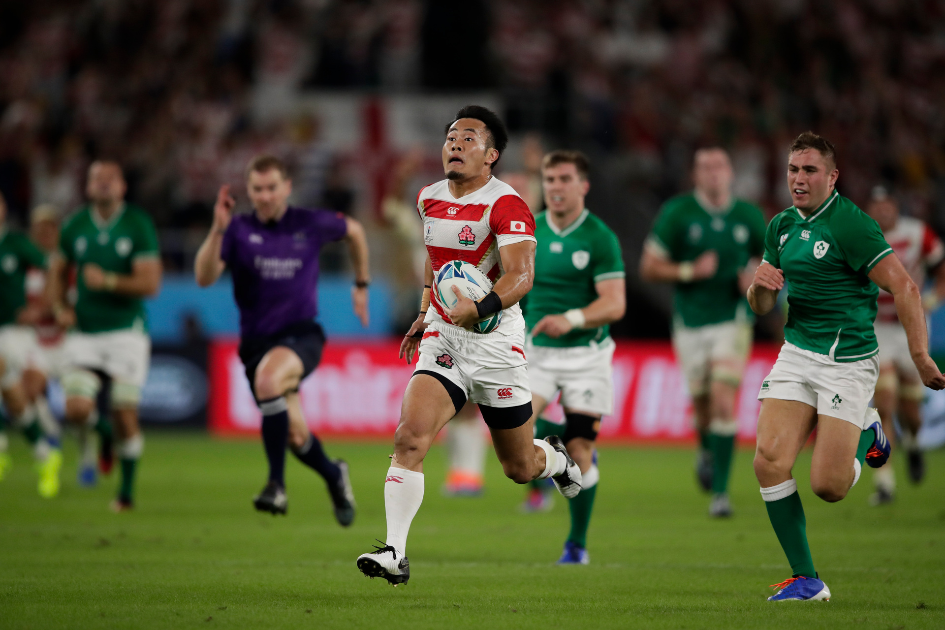 Japan's Kenki Fukuoka runs during the Rugby World Cup Pool A game at Shizuoka Stadium Ecopa between Japan and Ireland in Shizuoka, Japan, Saturday, Sept. 28, 2019. (AP Photo/Jae C. Hong)