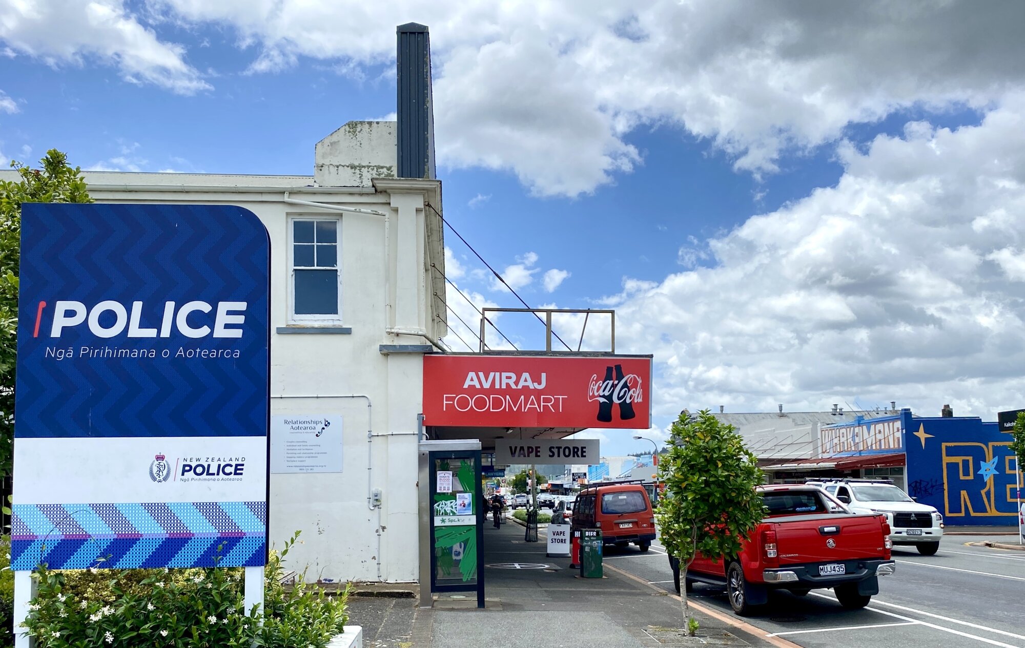  On the bustling main street of Kaikohe, Broadway, the police station competes for attention from vape stores. Photo / Denise Piper