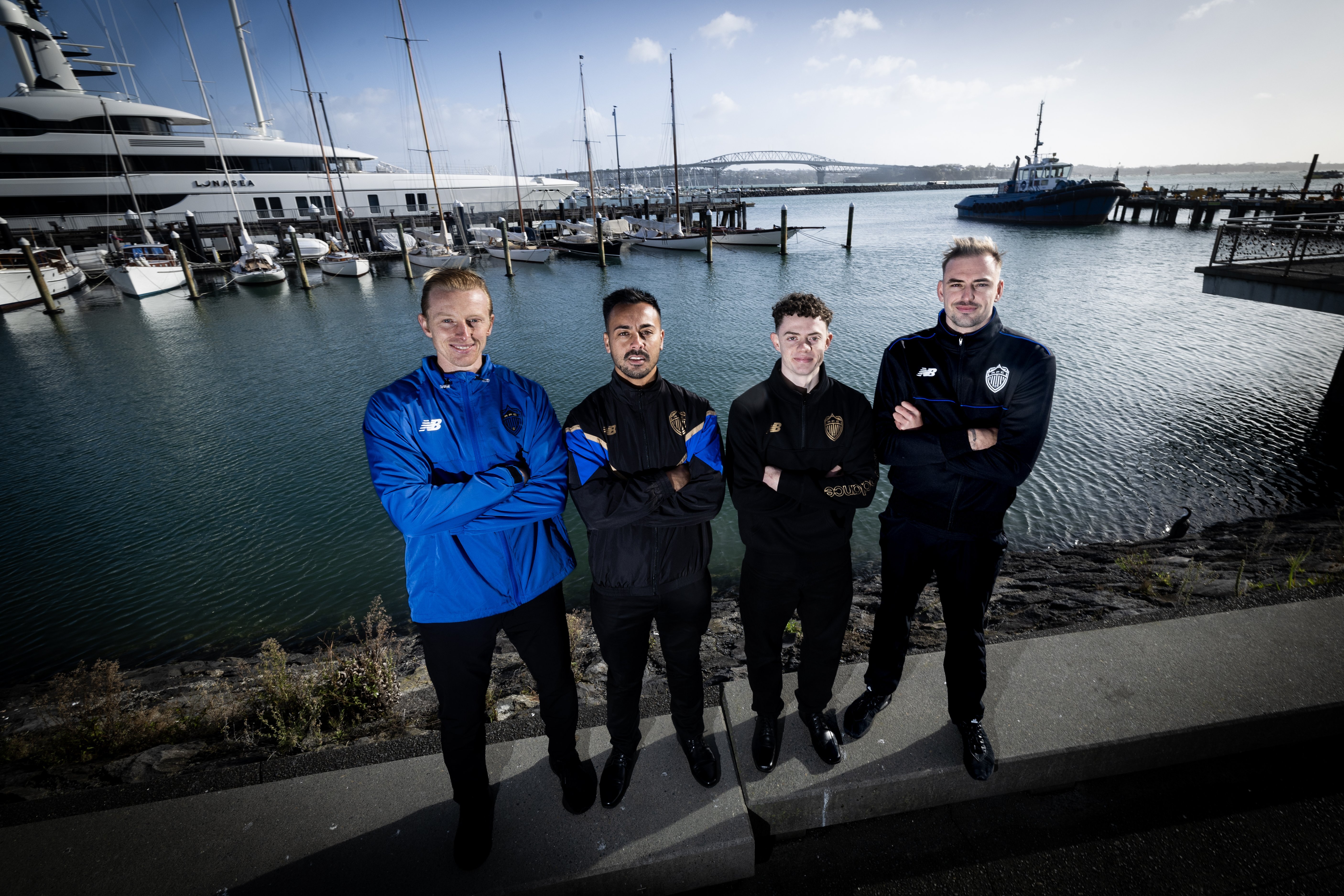 Auckland FC's first signings in May 2024 were (from left) Francis De Vries, Cam Howieson, Jesse Randall and Michael Woud. Photo / Jason Oxenham 
