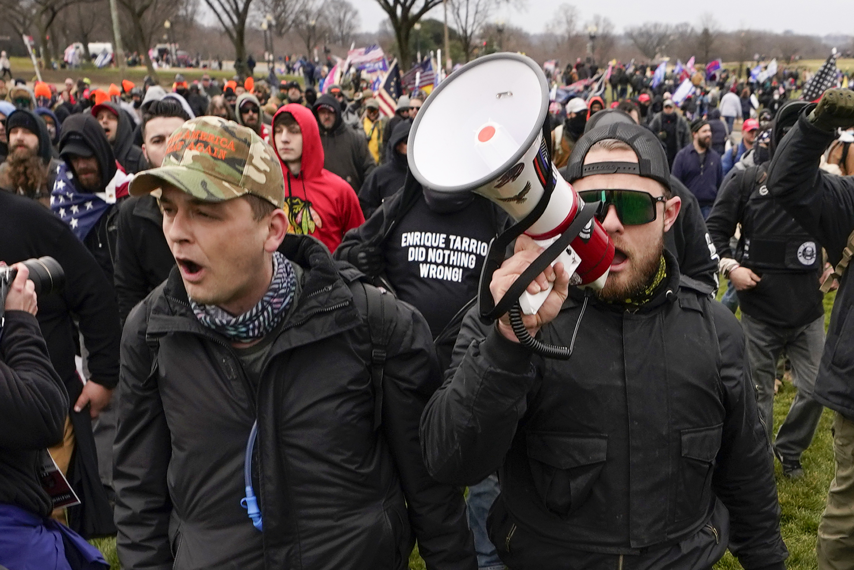 Proud Boys members Zachary Rehl, left, and Ethan Nordean, right, walk toward the US Capitol on January 6, 2021. Photo / Carolyn Kaster, AP, File