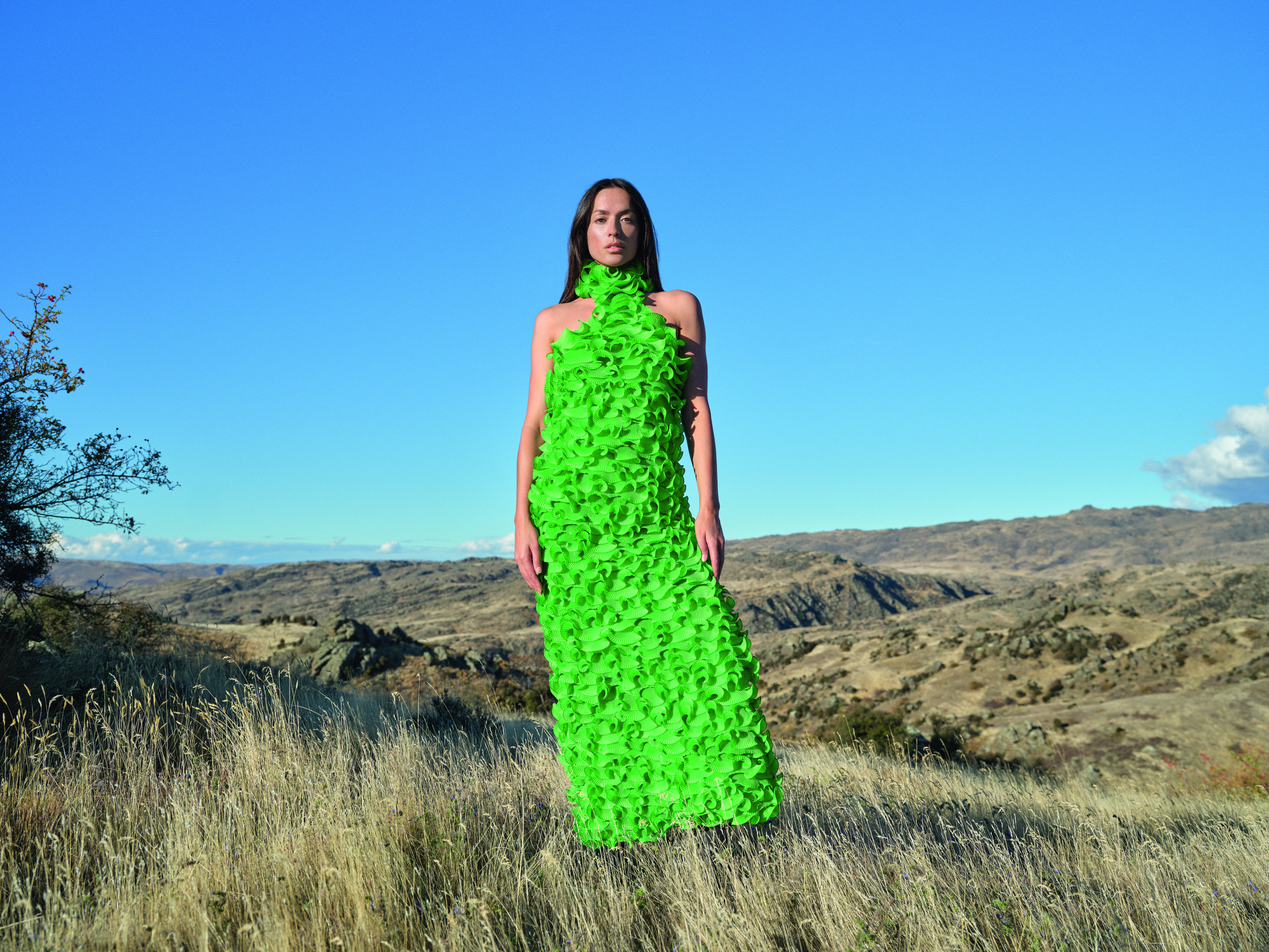A 1972 Kevin Berkahn evening dress, photographed at Little Valley Road, Alexandra, 2024. Model: Ngahuia Williams. Photo / © Derek Henderson, courtesy of Te Papa Press/Eden Hore Central Otago
