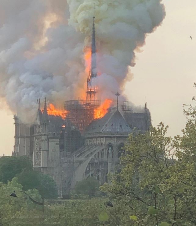 The spire of Cathédrale Notre-Dame de Paris before it succumbed to the flames and collapsed. Photo / Twitter