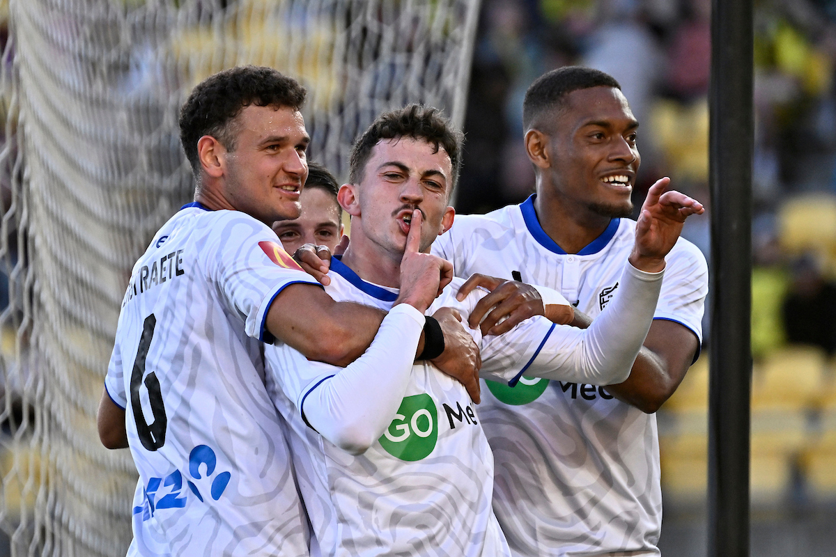Auckland FC celebrate their second goal against the Wellington Phoenix. Photo / Photosport