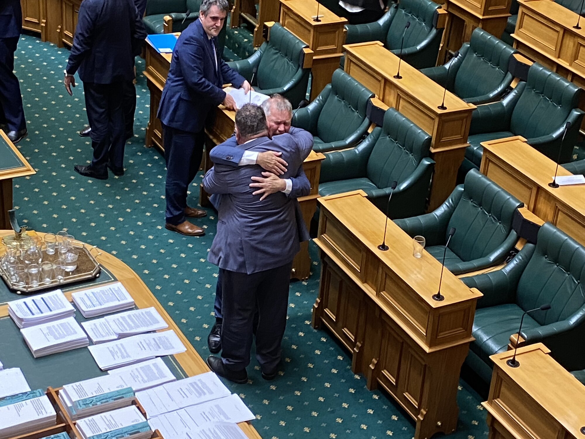  Labour MP David Parker gives his close friend NZ First MP Shane Jones a tearful hug after Parker delivered his valedictory speech in Parliament on May 7. Photo / Audrey Young