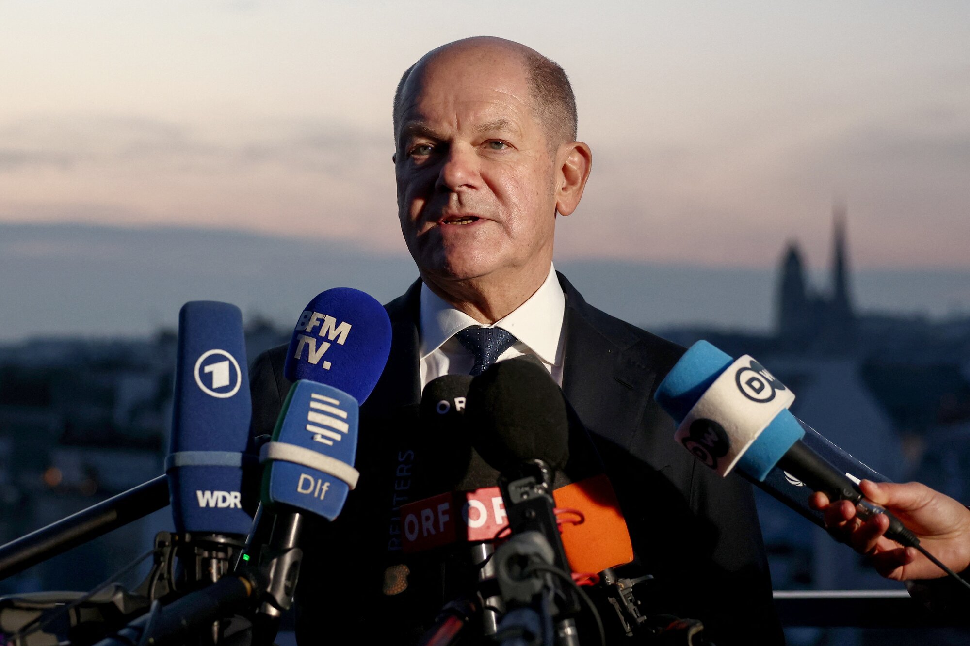 German Chancellor Olaf Scholz is at the summit of European leaders on the situation in Ukraine and European security in Paris. Photo / AFP