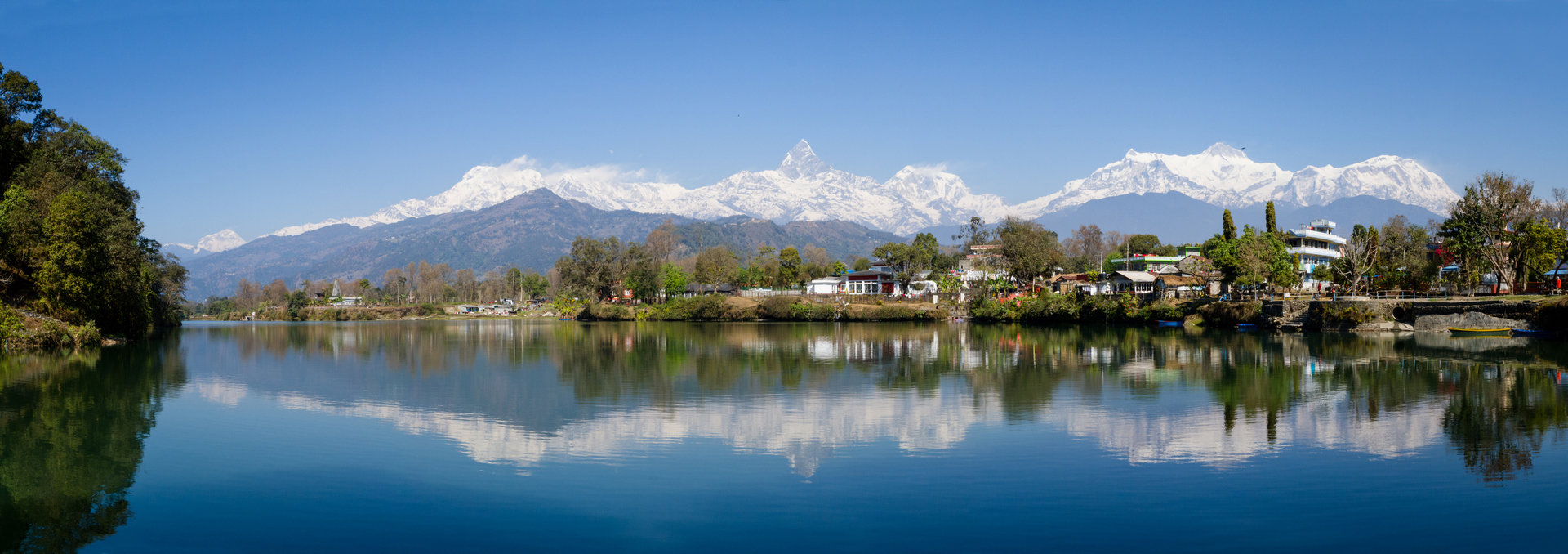 Reflections of the Annapurna Himalayan range in lake Fewa lake, Pokhara, Nepal. Photo / Getty Images