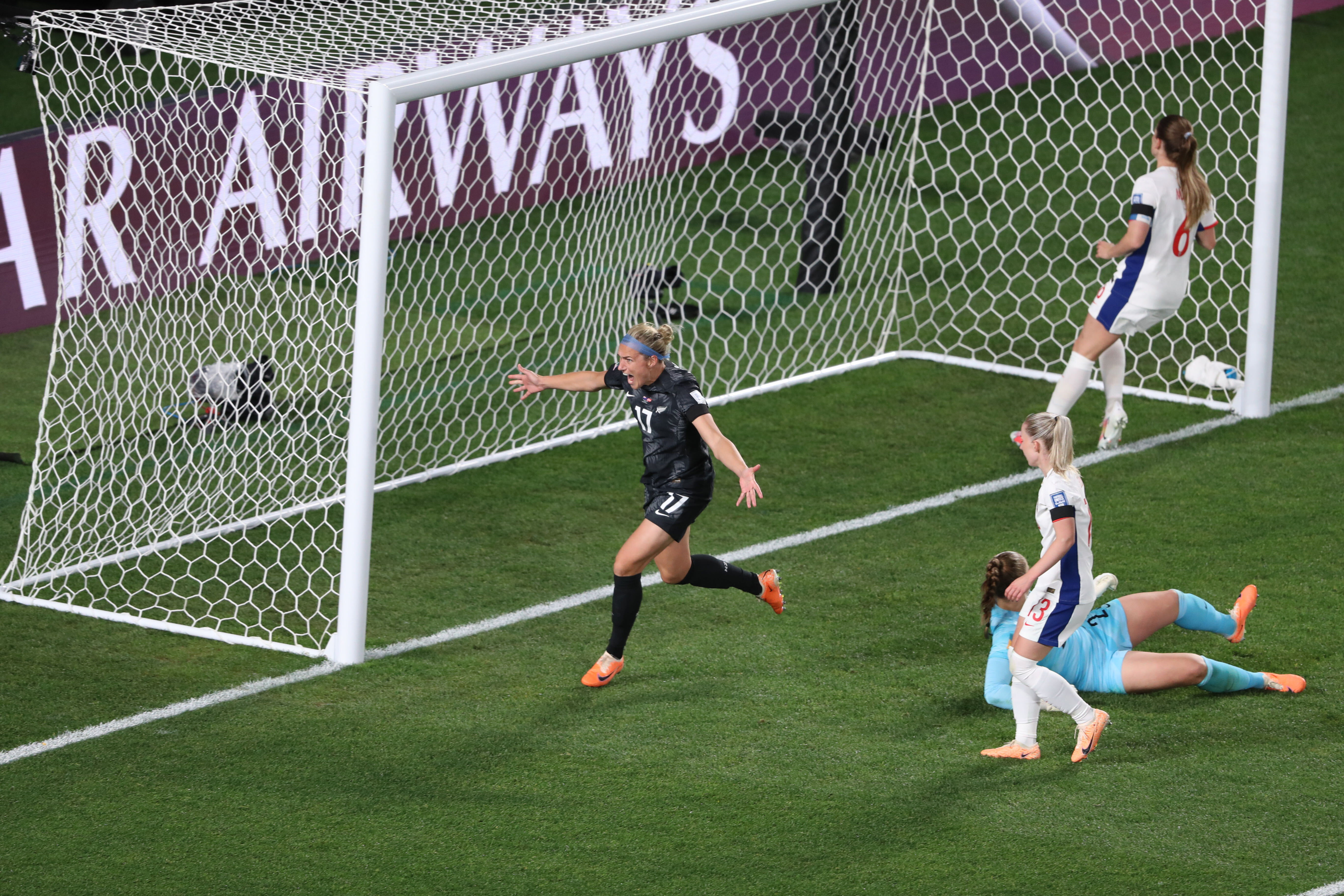 Hannah Wilkinson celebrates scoring the Football Fern’s first goal at the 2023 Women's World Cup. Photo / New Zealand Herald