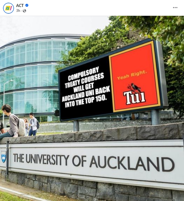 The Act Party posted a photoshopped Tui beer ‘Yeah right’-style meme mocking University of Auckland's international ranking on social media.